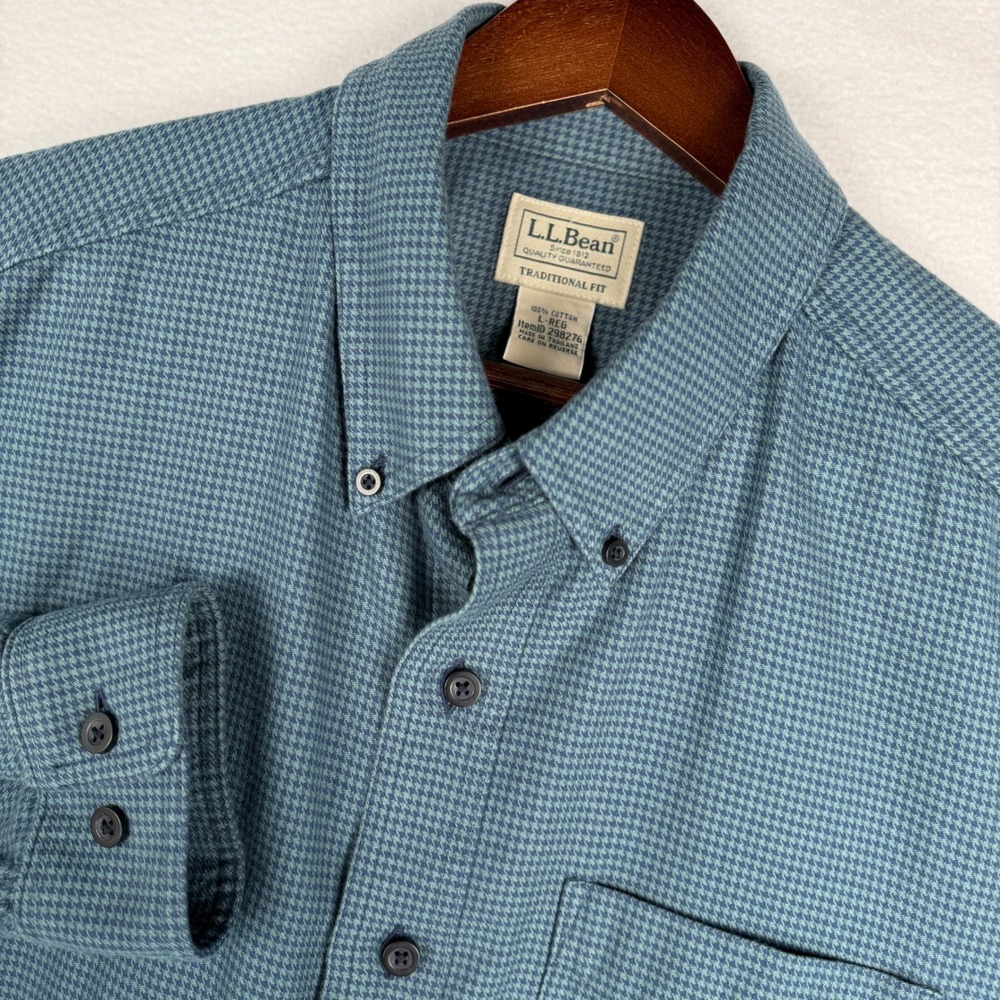LL Bean Mens L Traditional Fit Houndstooth Flannel Button Down Shirt Teal 298276